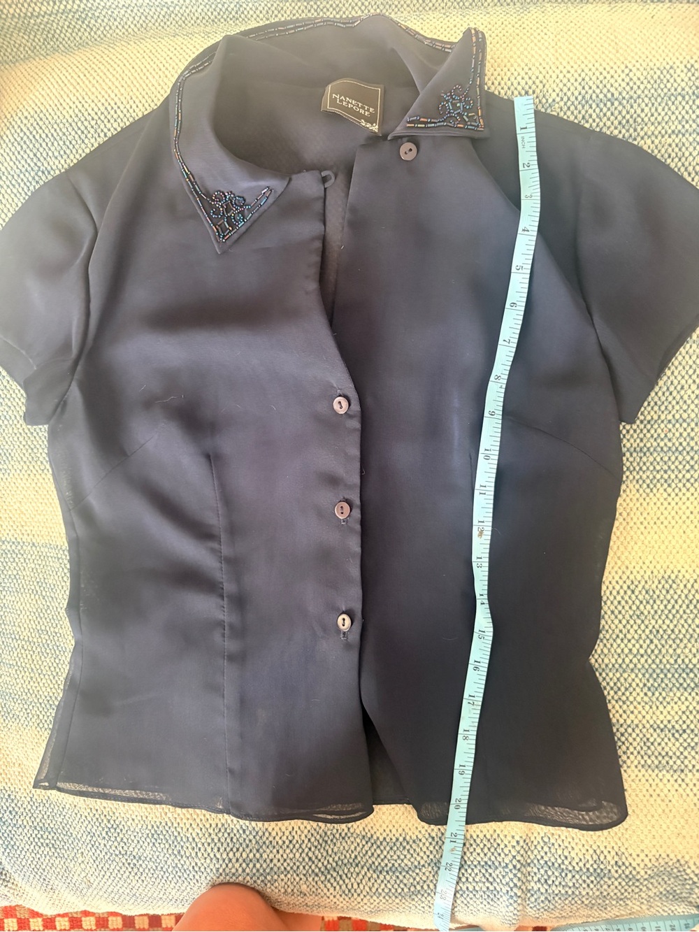 Nanette Lepore Navy Sheer Short-Sleeve Button-Down with Beaded Collar Accent - Picture 7 of 7